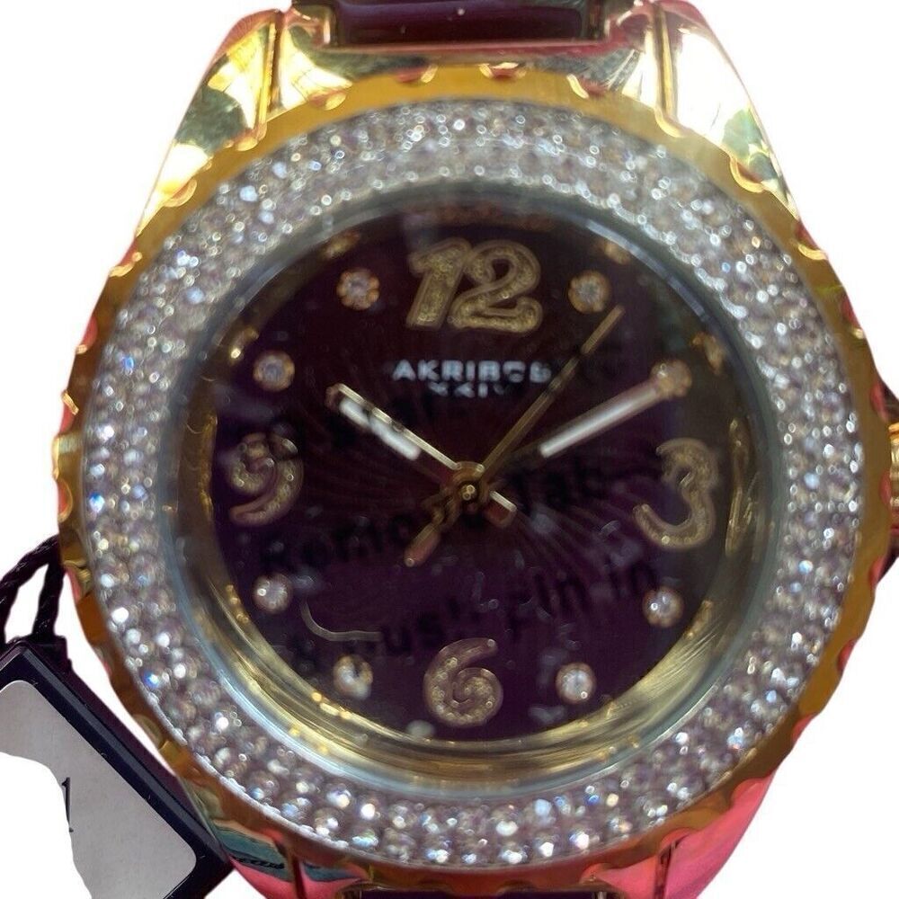 Akribos XXIV Womens Watch Metal Ceramic Band Gold Tone Gem Case 39mm AK891BRG - Picture 6 of 12